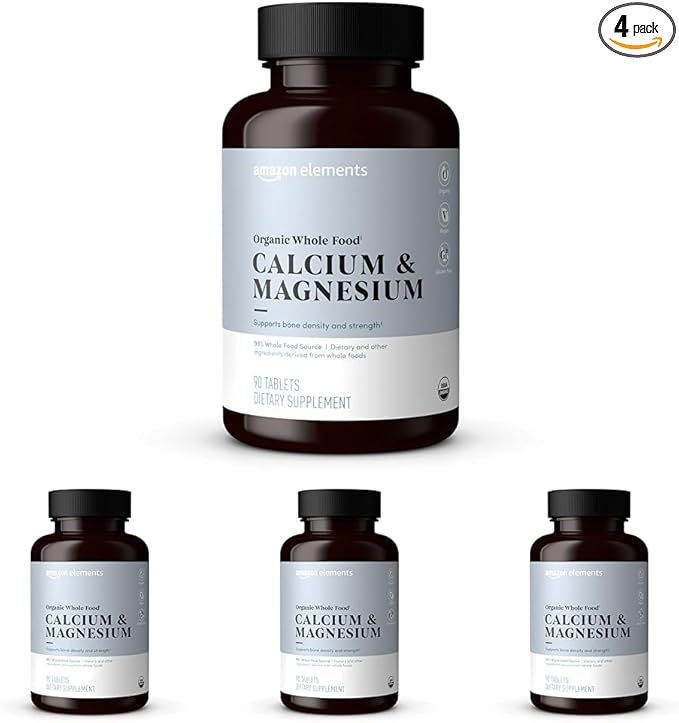 Amazon Elements Organic Whole Food Calcium & Magnesium, 90 Tablets (Pack of 4)