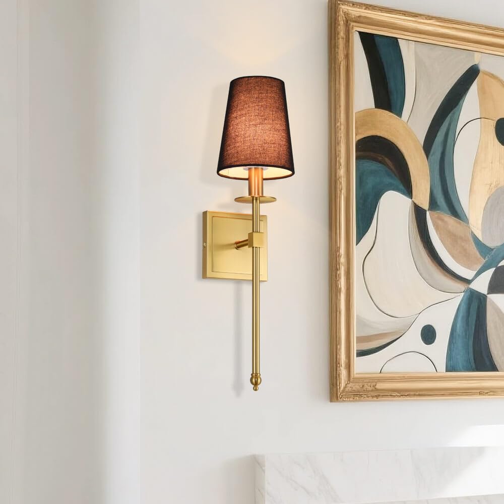 Xinbei Lighting Wall Sconces Set Of 2  Hardwired Brushed Brass Sconce Lighting With Black Fabric Shade Modern Wall Mount Light Fixture For Bathroom Bedroom Living Room Hallway Xb-W1307-Bs