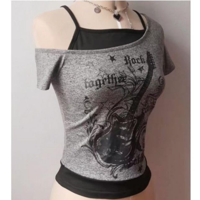 Emo Grunge Shirts Women 2000s Graphic Baby Tees Fake Two Piece Short Sleeve Vintage Y2k Crop Top Goth Alt Clothes (Grey Black,S,Small)