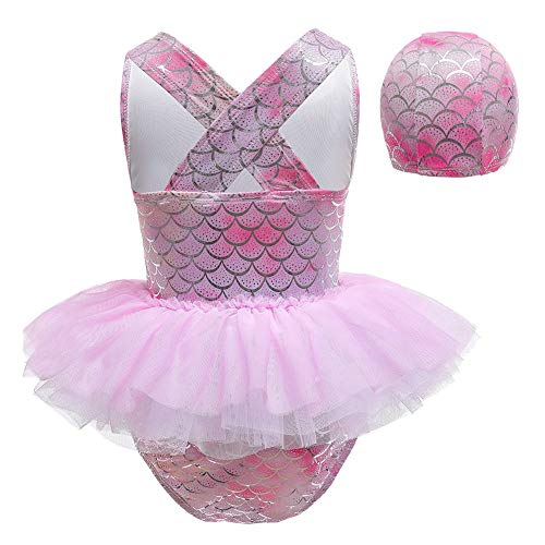 HIHCBF Toddler Girls One Piece Swimsuit Rainbow Bathing Suits Ruffle Tutu Swimwear with Cap Mermaid Fishscale Beachwear