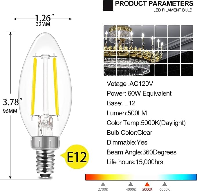 Energetic Led Candelabra Light Bulbs B10, 24 Pack, 5000K Daylight, Dimmable, E12 Base, 60W Equivalent, Glass