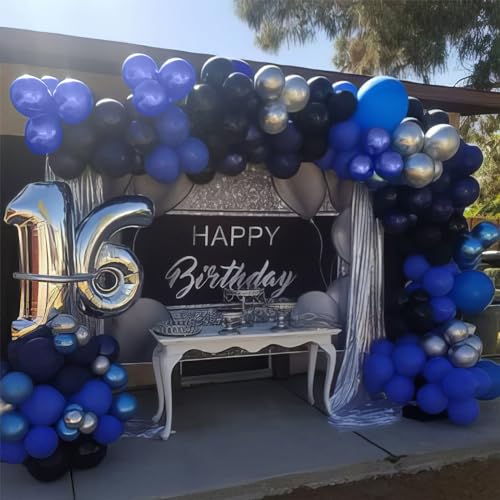 Blue and Black Balloons, Navy Blue and Silver Balloons Metallic Silver Dark Blue Balloon Party Latex Balloon Black Blue Ba...