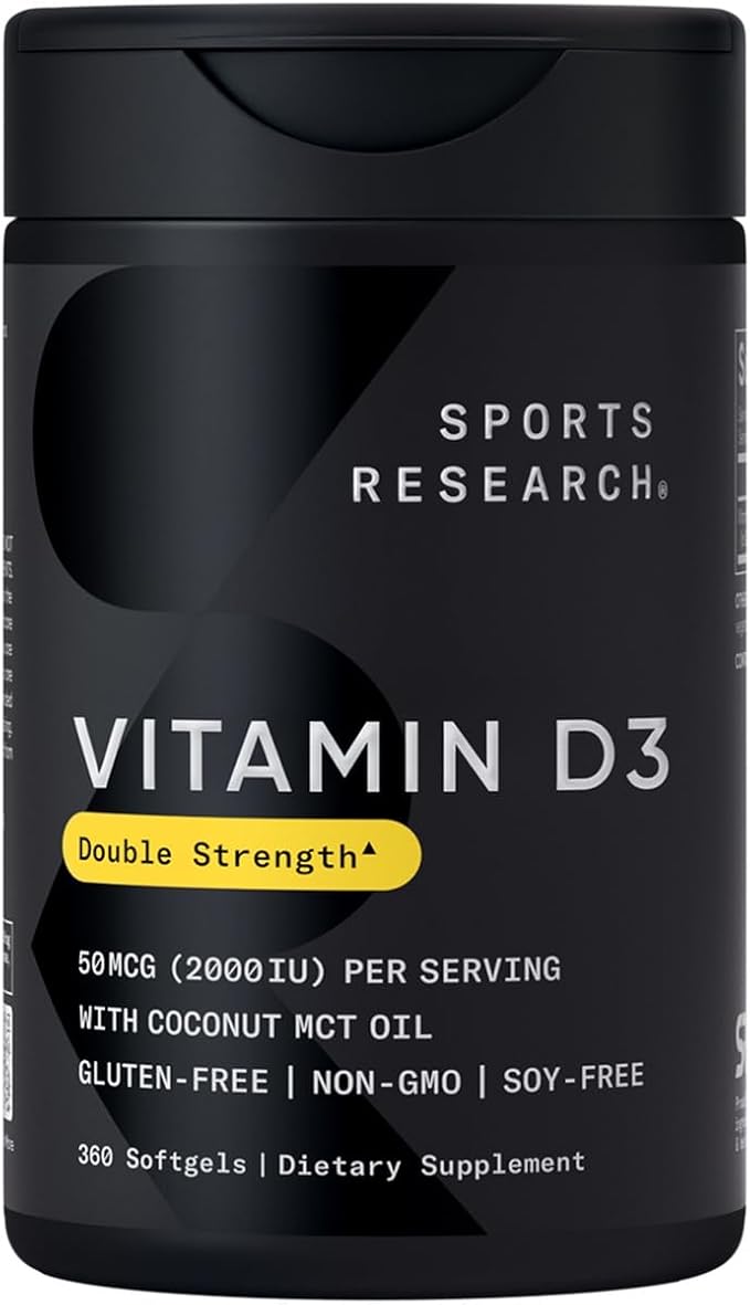 Sports Research® Vitamin D3 2000iu (50mcg) w/Coconut MCT Oil - High Potency Vitamin D Supplement for Immune & Bone Support - Gluten Free · Non-GMO · Soy Free – 360 Count Softgels