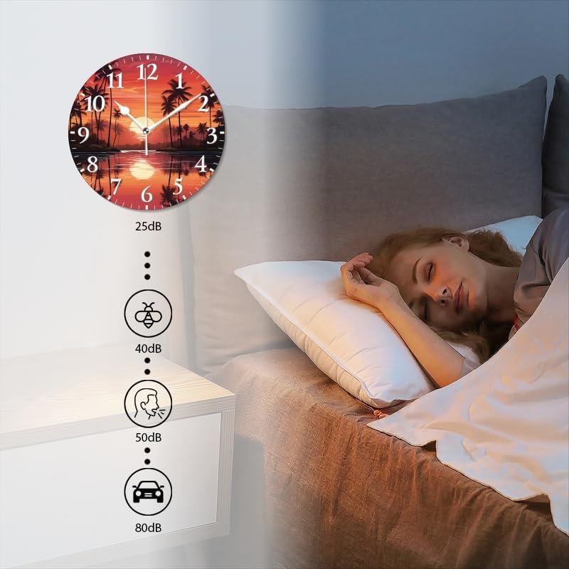Sunset Wall Clock Non-Ticking Silent Clocks Battery Operated Analog Decor Clock for Home-Sunset with Palm Trees and Reflections On The Water(10inch)