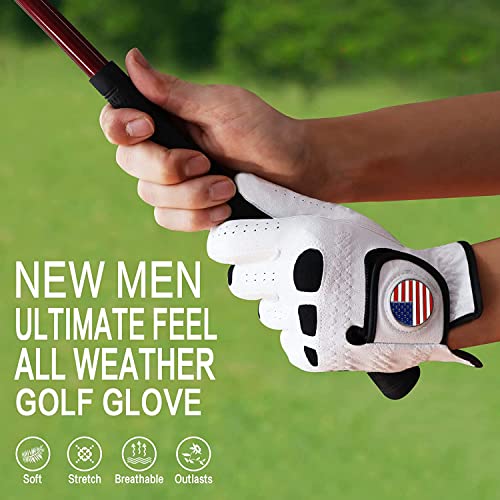 Golf Gloves Men Left Hand Right Handed Golfer 3 Pack with Ball Marker Soft Leather Weathersof Grip Mens Glove Size S M ML ...