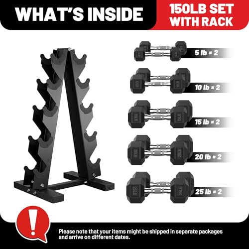 PAPABABE Hex Dumbbell Sets with Rack, 60-550lb Rubber Coated Dumbbell Weight Set and Storage Rack, Multiple Options Hand W...