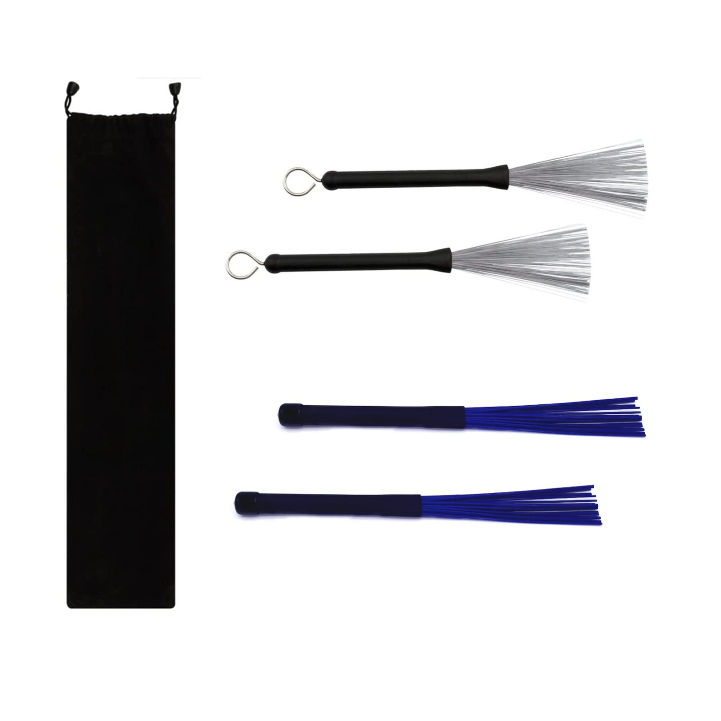 Cheerock Drum Brushes Set 1 Pair Retractable Wire Brushes and 1 Pair Nylon Brushes Set with Rubber Handles for Cajon Jazz Percus