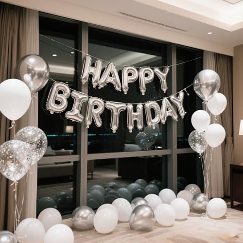 Silver Happy Birthday Balloon Banner Set -16 Inch Foil Letters Balloons, Reusable Birthday Decorations and Party Supplies,...