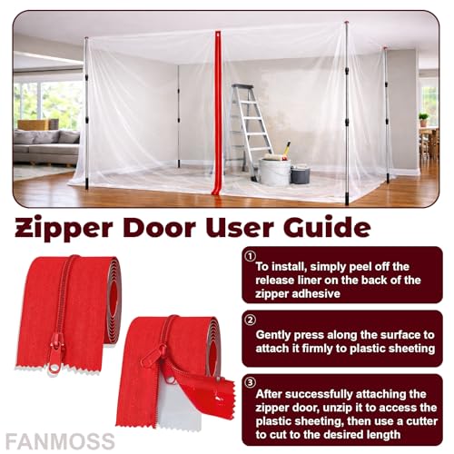 Fanmoss 9.5FT Dust Barrier Poles Kit, 4 Pack Dust Barrier System with 32FT x13FT Sealed Plastic Sheet, 2 Zipper Doors & Ca...