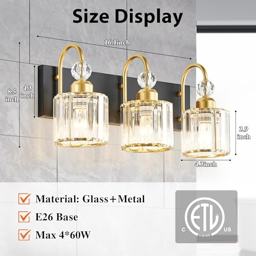 Diamondforge Bathroom Vanity Light Fixtures Over Mirror  Makeup Lighting For Modern Wall  Bath  Desk  Farmhouse  Hallway  3 Crystal Lights  Black Gold