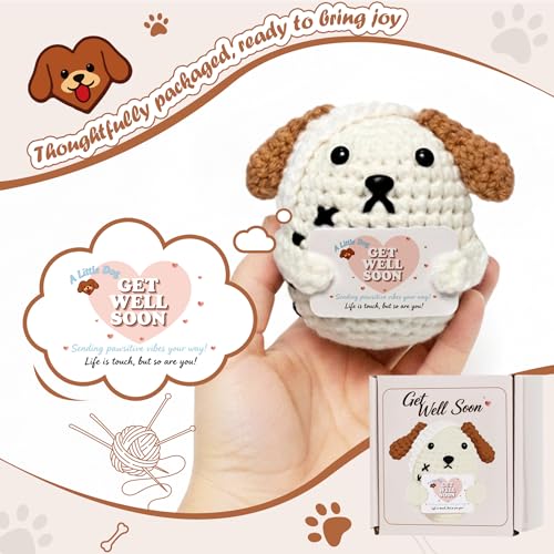 Crochet Get Well Puppy Gift - Handmade Dog Positive Pug Crochet Animal with Box Mesh Bag for Women Men Adult Emotional Ins...