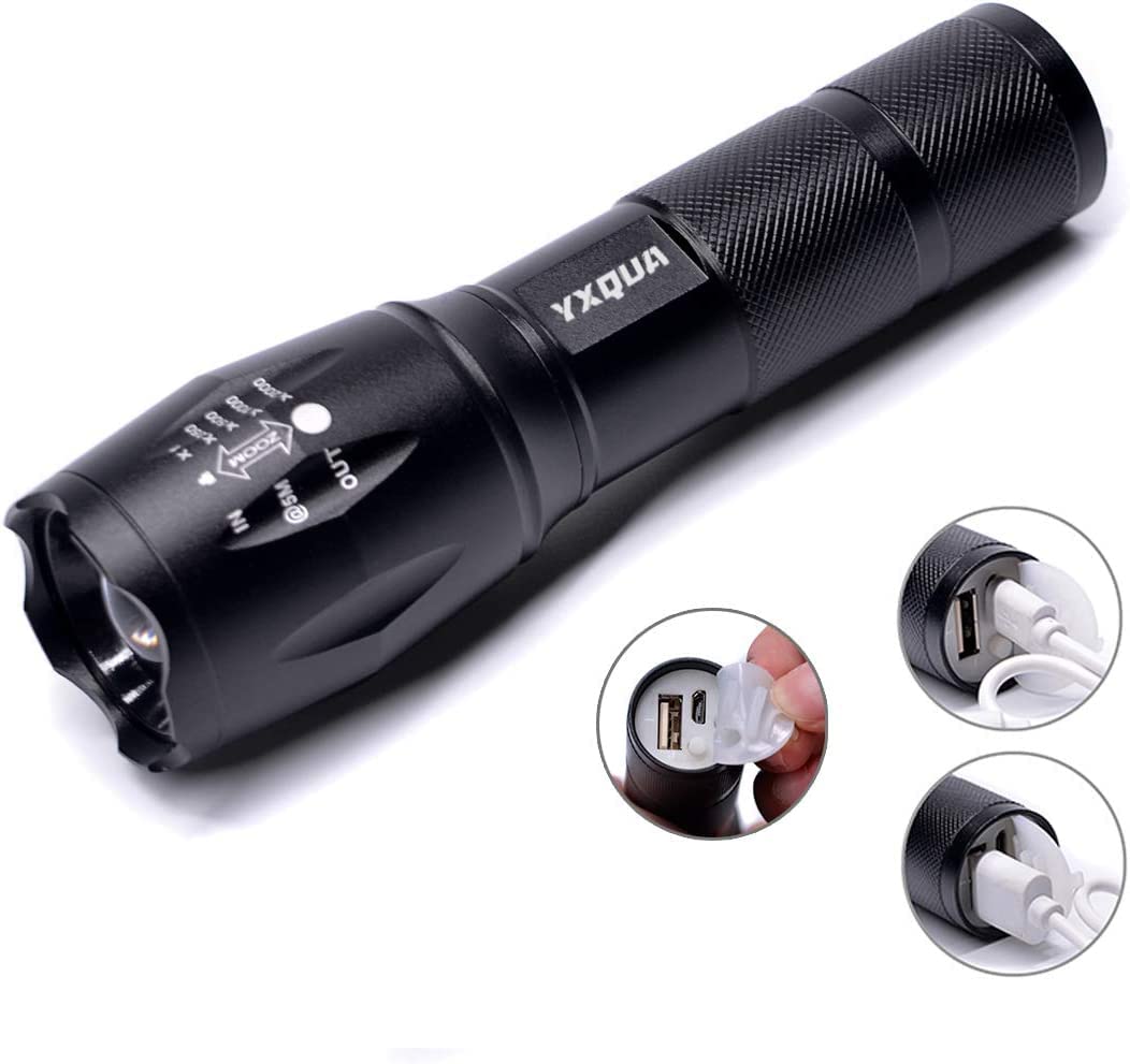 YXQUA USB Rechargeable Flashlight, 8381 High Lumens, 3 Modes, Zoomable, Waterproof, 5.1 in, Black, Aluminum