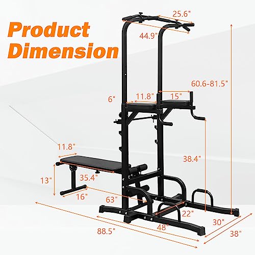 SculPong Pull Up Bar Station Adjustable Power Tower for Home Gym Strength Training Dip Stands with Bench