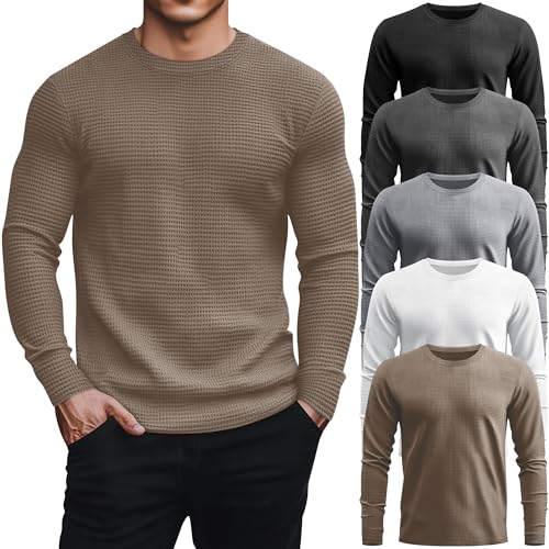 August Alley 5 Pack Thermal Waffle Shirts for Men, Crew Neck Long Sleeve Casual Pullover Underwear Textured Knit Tops