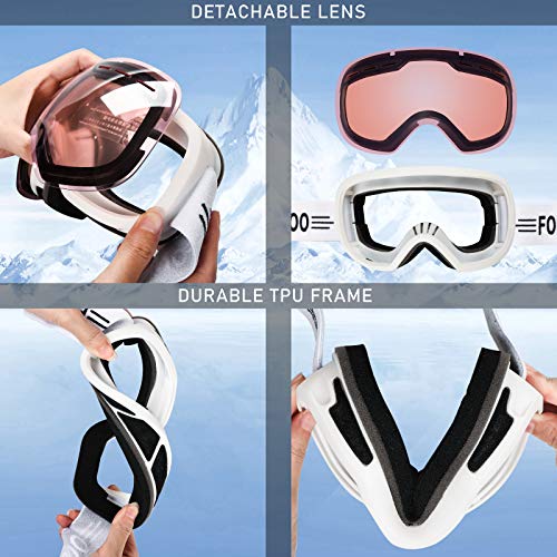 FONHCOO Ski Goggles for Men Women, Anti-Fog OTG Snow Snowboard Glasses with Detachable Lens for Skiing Skating, UV Protection