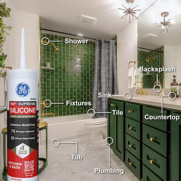 GE Supreme Silicone Caulk for Kitchen & Bathroom, Clear, 10 fl oz Cartridge, 1 Pack - 100% Waterproof Silicone Sealant, 7X Stronger Adhesion, Shrink & Crack Proof