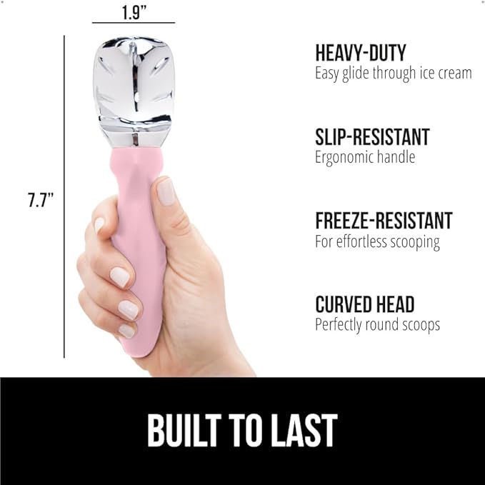 GORILLA GRIP BPA-Free Heavy Duty Ice Cream Scoop, Comfortable Ergonomic Handle, Professional Grade Scooper for Perfect Round Scoops, Spoon Frozen Hard Gelato, Sorbet, Cookie Dough, Kitchen Tool, Pink