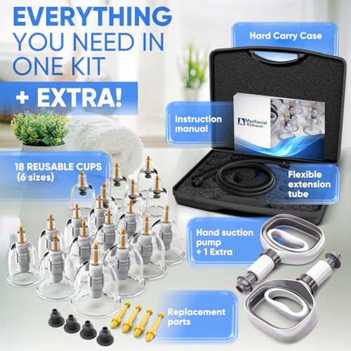 Myofascial Releaser Professional Cupping Therapy Set - 18 Multi-Sized Vacuum Cups with Two Hand Pumps and Detailed Cupping...