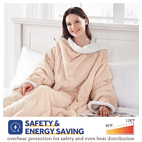 Sealy Electric Blanket Wearable with Foot Pocket, Electric Snuggle Blanket with Sleeves, Flannel & Sherpa Heating Throw wi...