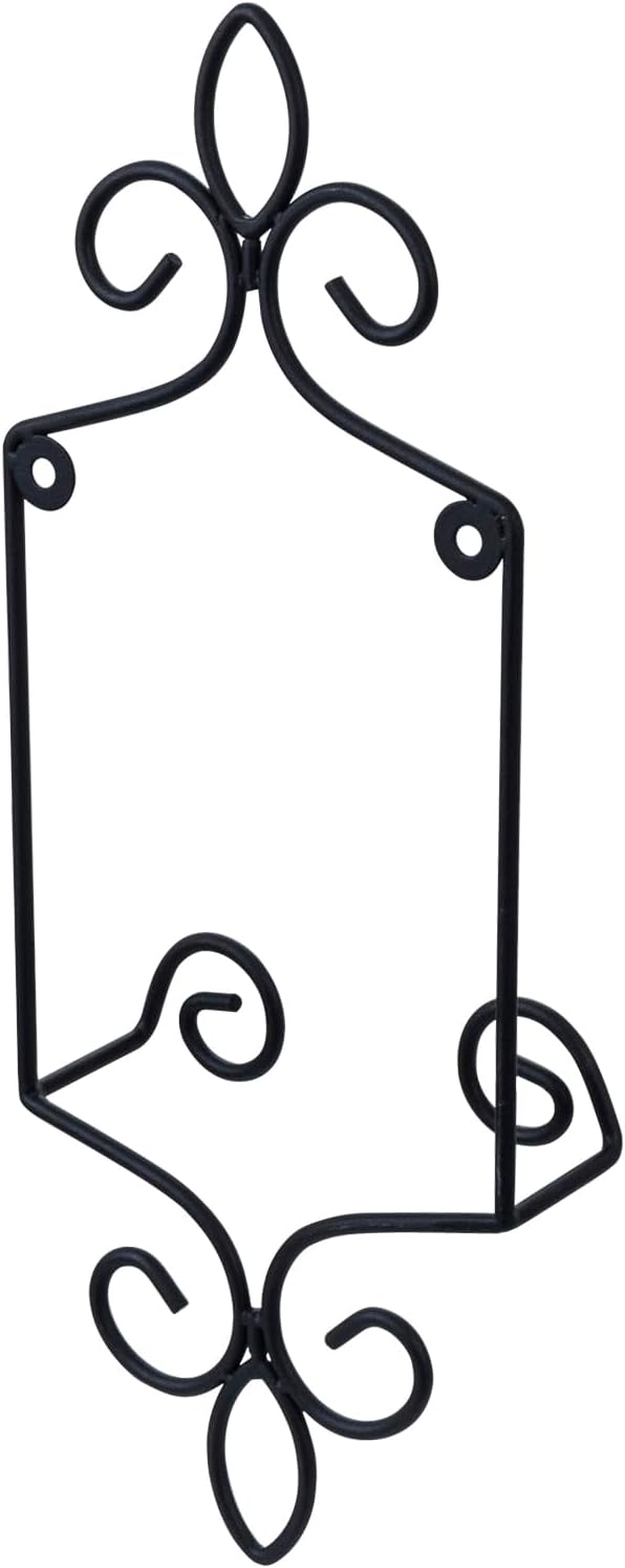 MyGift Small Wall Mounted Metal Wire Vertical Collectible Plate Holder in Matte Black Finish, Decorative Vintage Scrollwork Hanging Rack Holds Single 5.5 to 8 Inch Plates