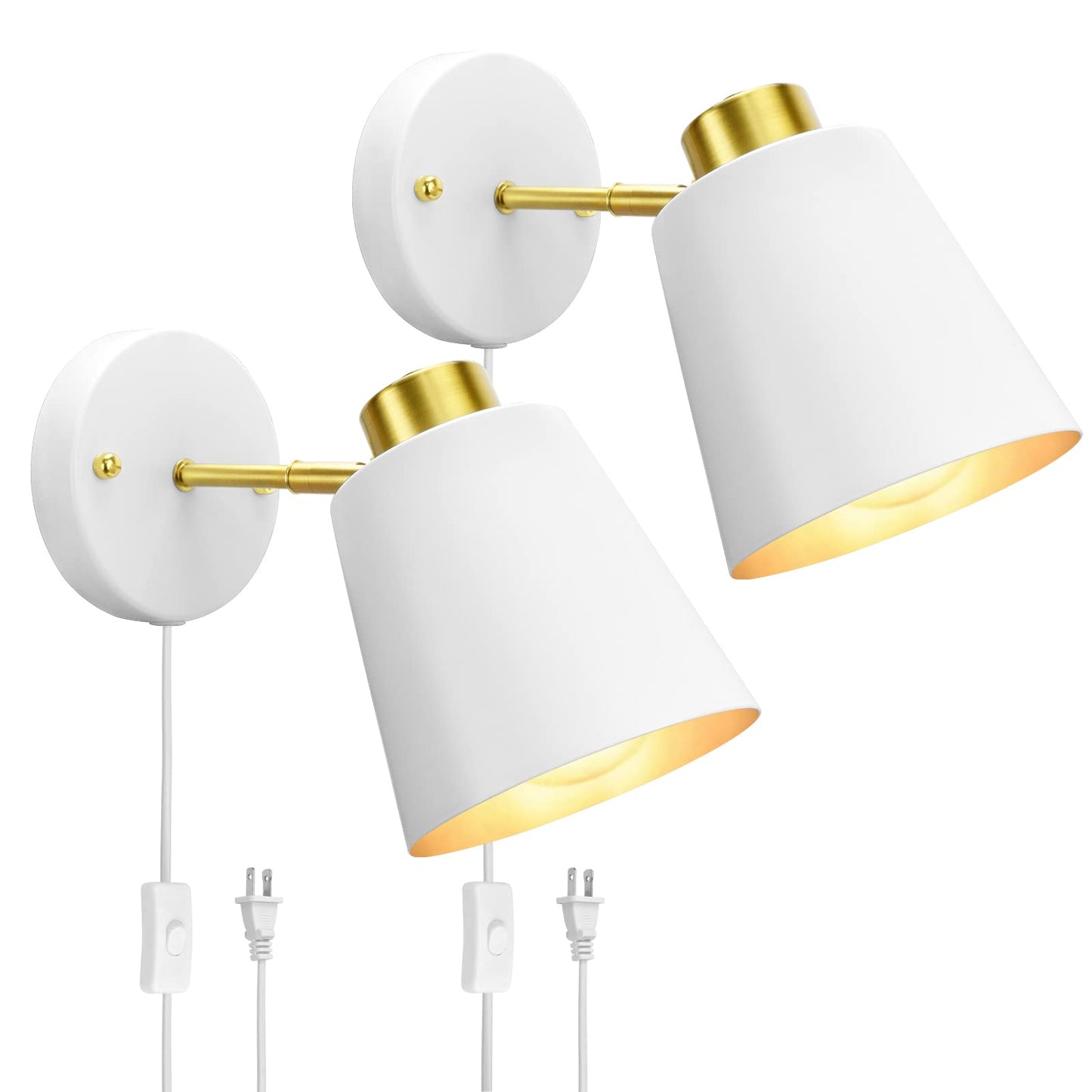 Yollzey Plug in Wall Sconces, Rotatable White Metal Vintage Light, 2 Pack