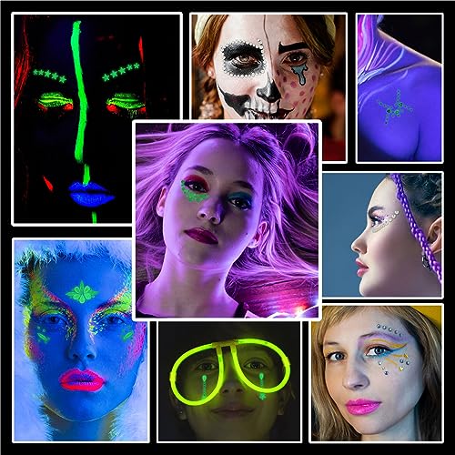 Noctilucent Face Gems, 12Pcs Luminous Face Jewels Rhinestones Stickers and 15g Chunky Glitter Glow in The Dark for Face Ey...