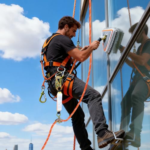 Meyoppm 50ft Vertical Lifeline Assembly, Heavy Duty Fall Protection Safety Rope with Rope Grab, Steel Snap Hooks & Shock A...