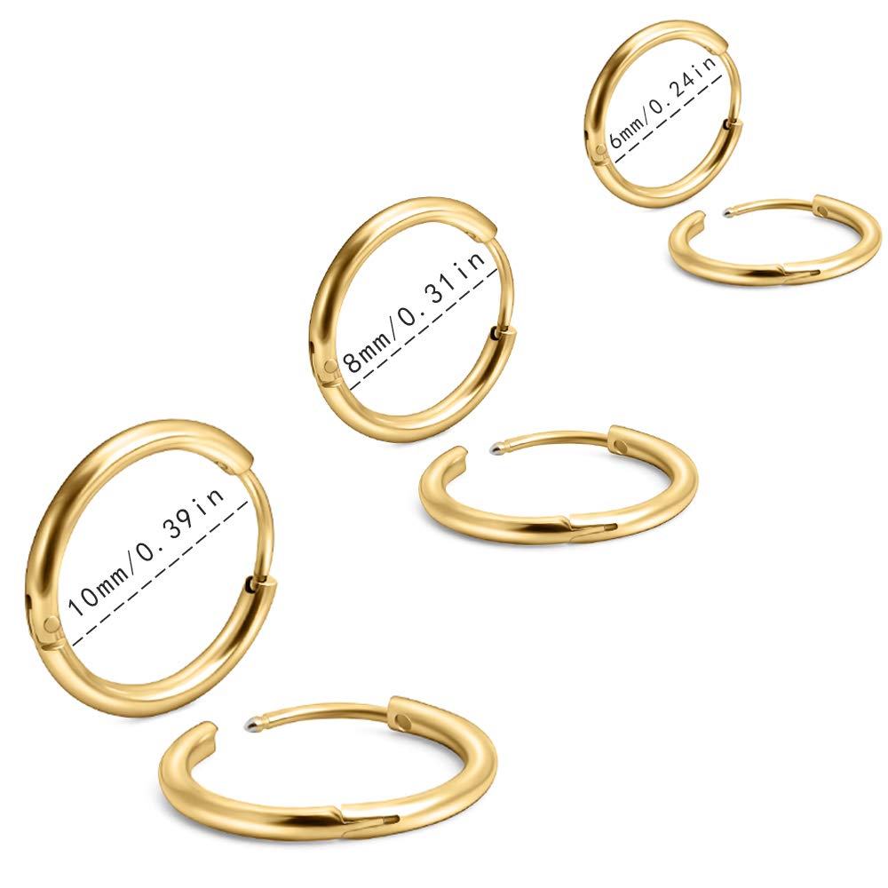 6Pcs 316L Surgical Stainless Steel Small Gold Huggie Hoop Earrings 6mm 8mm 10mm Hypoallergenic Earrings Hoop Cartilage Helix Lob