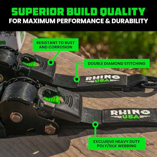 Rhino USA Retractable Ratchet Straps (2-Pack) - 2 Inch x 10 Feet (3,033lb Break Strength) - Heavy Duty Auto Self Retractin...