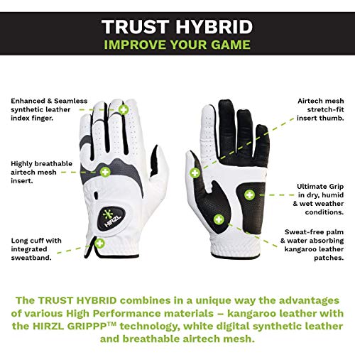 HIRZL Trust Hybrid Golf Glove– All Weather Mens Golf Glove (White/Black) | Nylon, Kangaroo Leather, Polyester | Ultimate G...