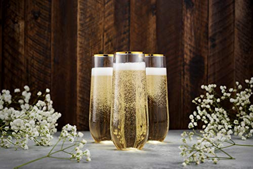 Munfix 48 Pack Stemless Plastic Champagne Flutes Disposable 9 Oz Gold Rim Clear Plastic Toasting Glasses Shatterproof Recy...