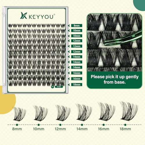 KEYYOU Lash Clusters Kit 144pcs Thick Volume D Curl Eyelash Clusters Lash Extension Kit with Mascara Brush Bond and Seal G...