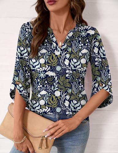 Kistore Womens 3/4 Length Sleeve Tunic Tops Casual V Neck Shirts Business Work Blouses Trendy Flowy Tees