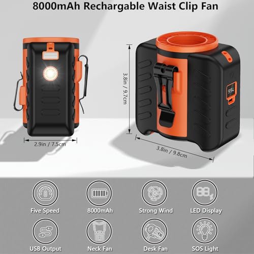 VOPOG Portable Waist Fan Clip on 5-Speed with MAX 10500RPM Strong Airflow and LED Flashlight, Wearable Belt Personal Fan R...