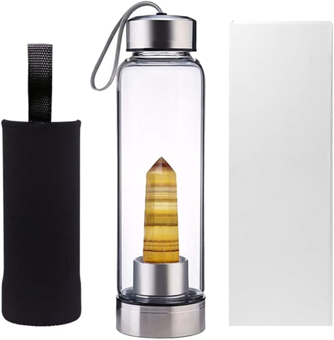 Crystal Glass Water Bottle,Water Bottle With Gemstone Center Crystal Elixir Bottle,Removable Gemstones Water Cup Crystal Column Magic Wand Energy Cup for Gifts (E-Yellow Fluorite)