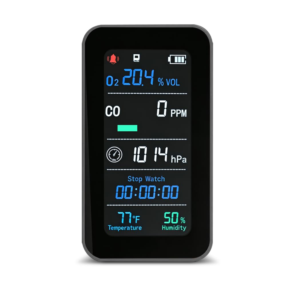 GZAIR Portable 7-in-1 Multi Gas Detector, O2 CO Gas Monitor with Temperature Humidity Air Pressure Sensors, Rechargeable Device with Data Logging and Flashlight