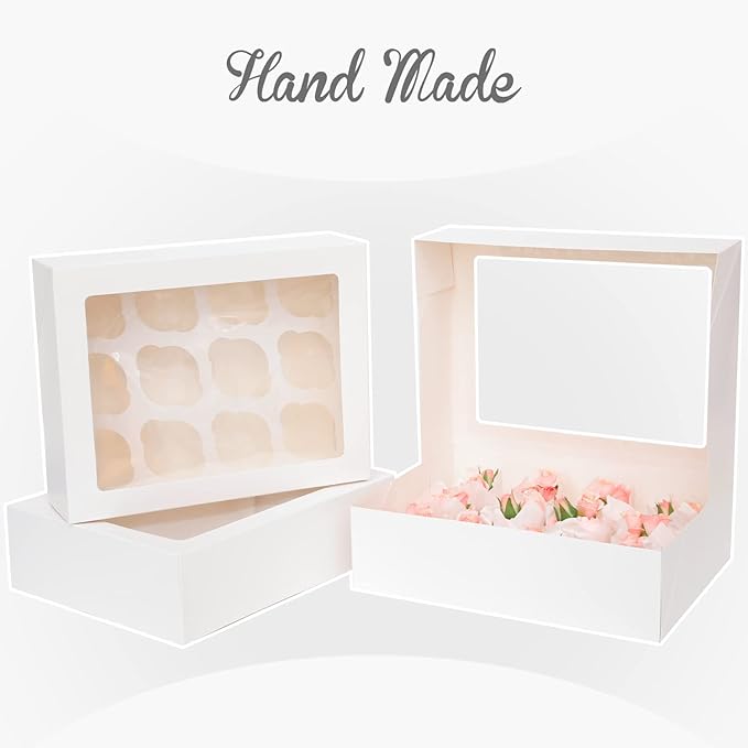 Bakepacker Auto-pop Up Cupcake Boxes with Window White 12PCS 12 Count Cupcake Box 13"x10"x3.5" Cupcakes Carrier, 12 Cupcake Containers with rolls of pink ribbons