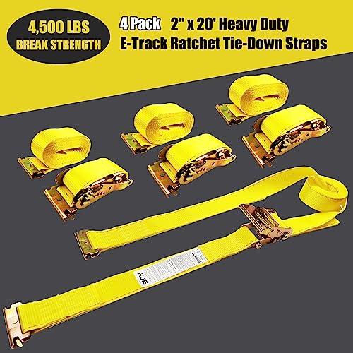 KJE E-Track Ratchet Straps, 4 Pack 2" x20' Heavy Duty Cargo Tie-Downs, 4500LBS Breaking Strength, Standard E Track Fitting...