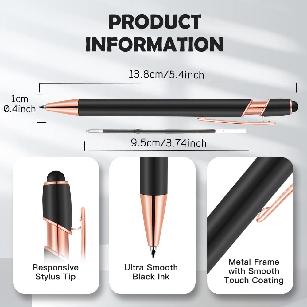 12 PCS 2 in 1 Stylus Ballpoint Pen with Stylus Tip, 1.0 mm Black Ink Metal Pen Stylus Pen for Touch Screens (Rose Gold & Red)