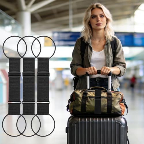 3PCS Luggage Straps,Adjustable Luggage Connector Straps with Heavy-Duty Elastic Belt to Connect Two Suitcases,Add a Bag Lu...