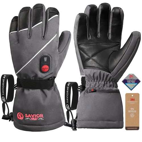 SAVIOR HEAT Heated Gloves for Men Women, Rechargeable Electric Heated Leather Skiing and Snowboarding Gloves