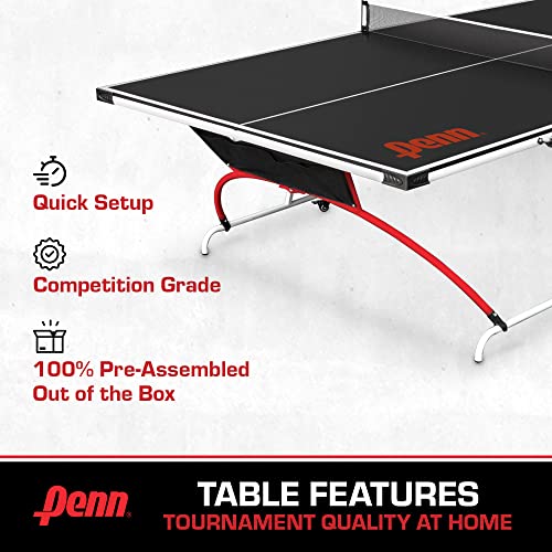 Penn Full-Size Ping Pong Table - Easy Setup, Engineered Wood, Black/White/Red - Preassembled Table Tennis Set - Foldable P...