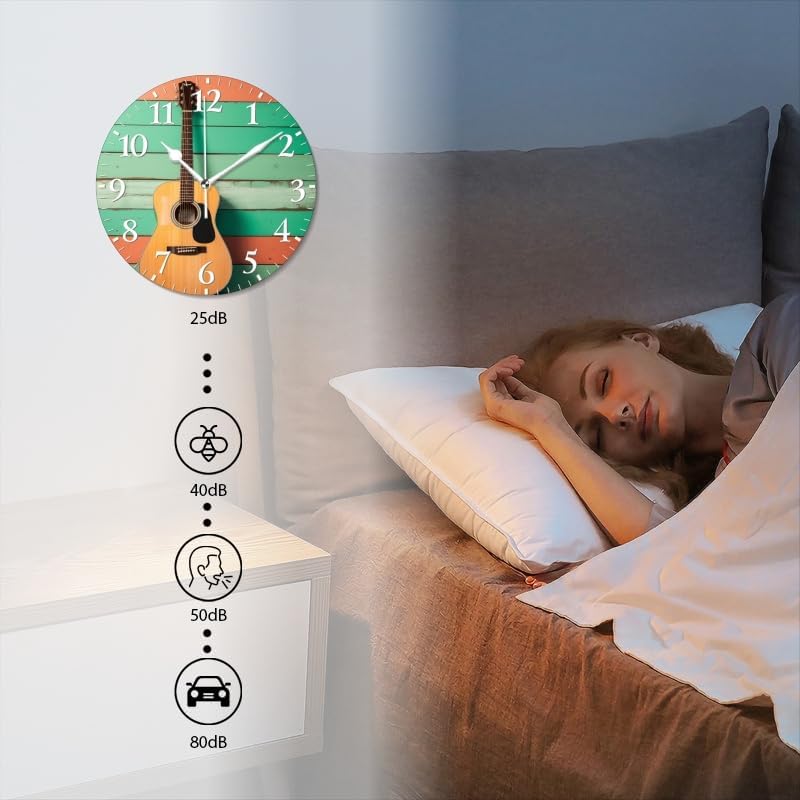 Guitar Wall Clock Non-Ticking Silent Clocks Battery Operated Analog Decor Clock for Home-Acoustic Guitar Leaning Against Wooden Wall(14inch)