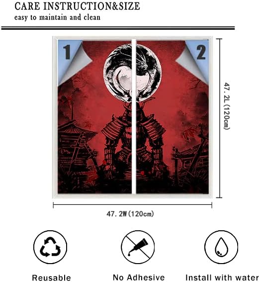 Japanese Samurai Window Film Abstract Vintage Samurai Blossom Dragon Full Moonstained Glass Window Film,Playroom Window Film,Nursery Window Film 23.6Wx47.2L-Inch X2Pcs