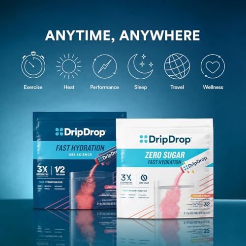 DripDrop Hydration Packets - Juicy Variety Pack - Single Serve Electrolytes Powder Drink Mix - Grape, Fruit Punch, Strawbe...