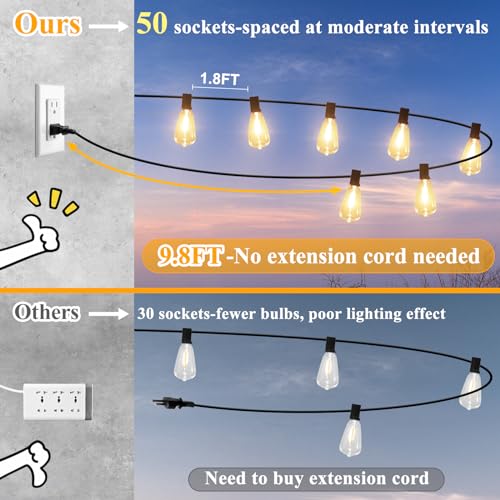 Brightever LED Outdoor String Lights 100FT Patio Lights with 52 Shatterproof ST38 Vintage Edison Bulbs, Outside Hanging Li...