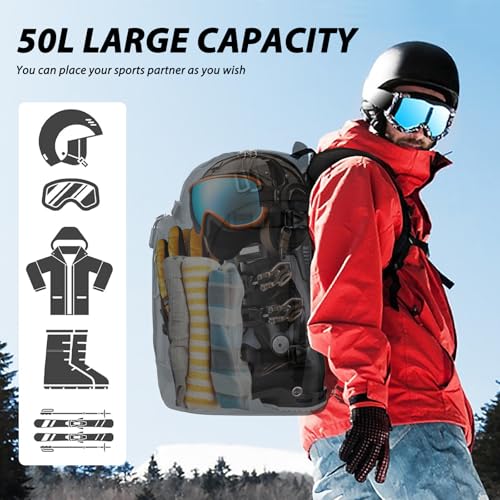 Goloni 50L Ski Boot Bag with Rubberized Exterior/Waterproof Bottom for Skis, Snowboard, Ski Helmet, Accessories