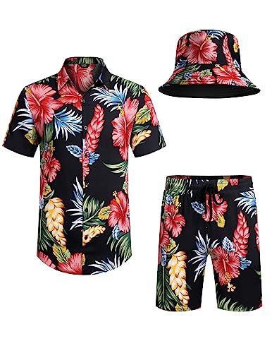 COOFANDY Men's Hawaiian Shirt and Short Set Flower 2-pieces Beach Outfit with Bucket Hats