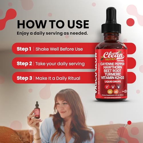 Clean Nutra Cayenne Pepper Drops Supplement Liquid + Hawthorn Berry, Vitamin D3 K2 Beet Root Powder, Ceylon Cinnamon, Turm...