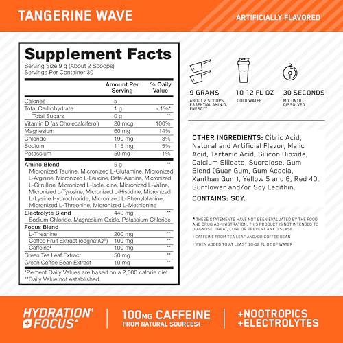 Optimum Nutrition Amino Energy Powder Plus Hydration, with BCAA, Electrolytes, and Caffeine, Tangerine Wave, 30 Servings (...